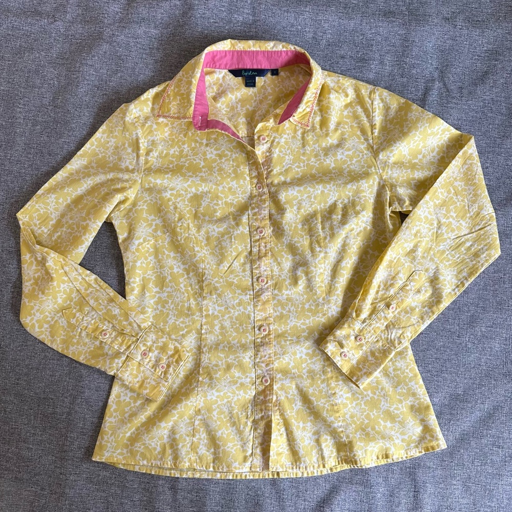 Boden yellow floral button down shirt EUC